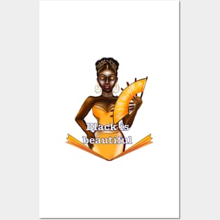 Queen Black is beautiful text - black girl with Gold earrings, necklace,  tiara, dress and fan with dark brown skin ! Posters and Art